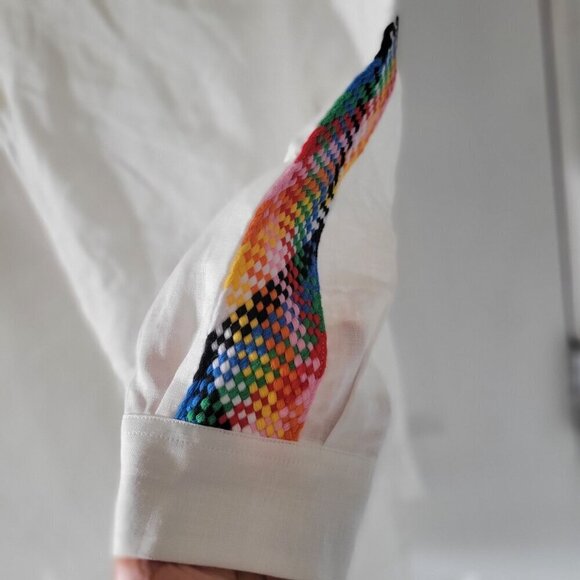 Vilagallo White Sara Linen 3/4 Sleeve Shirt W Multicolor Embroidered Sleeves S - Picture 5 of 7